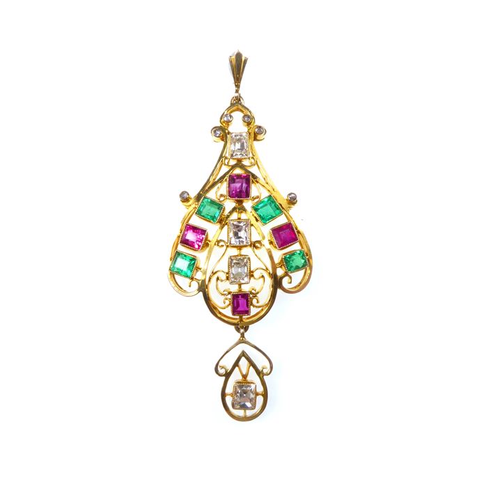 Antique ruby, emerald and diamond and gold openwork pendant | MasterArt